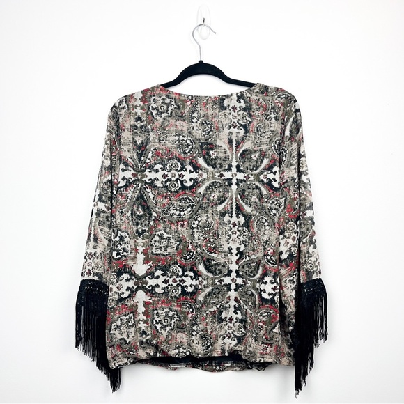 I.N. Studio Long Sleeve Gray Red Patterned Blouse with Fringe Cuffs - Picture 8 of 8